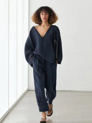 Spodnie Typu Alladynki W Paski Z Lnu - Ciemnoniebieski - - Massimo Dutti - Kobieta