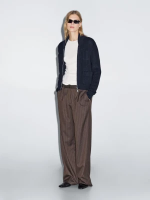 Spodnie W Prążki Z Szerokimi Nogawkami - Czekoladowy - - Massimo Dutti - Kobieta