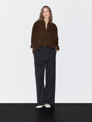 Spodnie W Prążki Ze Średnim Stanem I Szerokimi Nogawkami - Granatowy - - Massimo Dutti - Kobieta