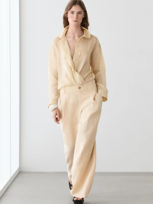 Spodnie Wide Leg Z Kieszeniami Z Lnu - Piaskowy - - Massimo Dutti - Kobieta
