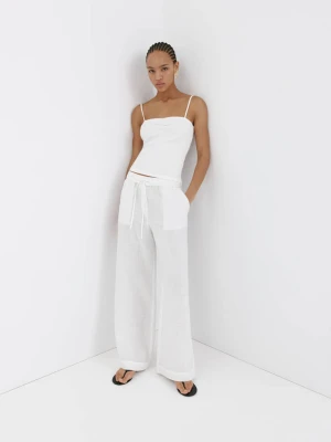 Spodnie wide leg z lnu biały - Kobieta - - MANGO