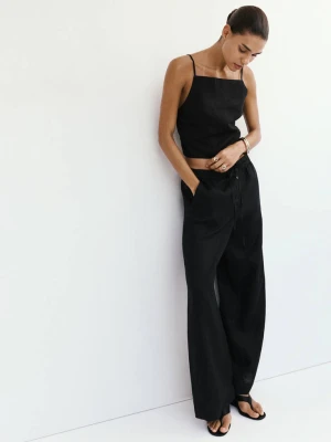Spodnie wide leg z lnu czarny - Kobieta - - MANGO