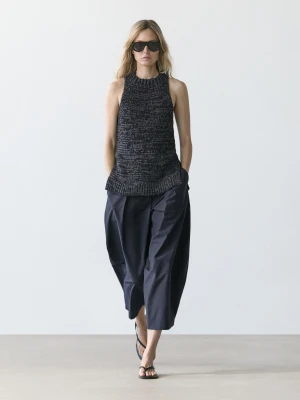 Spodnie Wide Leg Z Mieszanki Bawełny - Granatowy - - Massimo Dutti - Kobieta