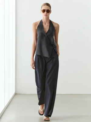 Spodnie Wide Leg Z Mieszanki Bawełny Z Zakładkami - Błękit Królewski - Massimo Dutti - Female