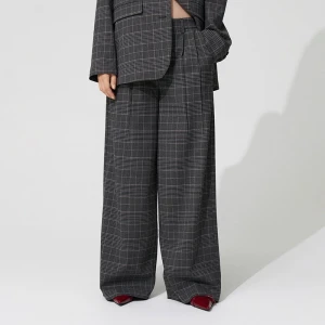 Spodnie wide leg z wysokim stanem grafitowe w kratkę House