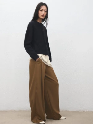 Spodnie wide leg z zakładkami średni brązowy - Kobieta - - MANGO