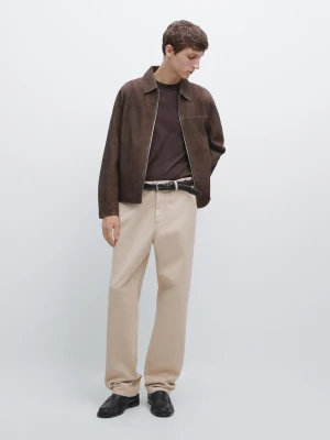 Spodnie Z Bawełnianego Diagonalu Z Gumką W Pasie - Beżowy - - Massimo Dutti - Mężczyzna