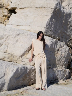 Spodnie z cienkiej dzianiny z węzłem kremowy / écru - Kobieta - - MANGO