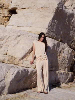 Spodnie z cienkiej dzianiny z węzłem kremowy / écru - Kobieta - - MANGO