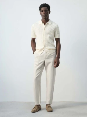 Spodnie z lnu i bawełny slim fit cropped kremowy / écru - Mężczyzna - - MANGO MAN