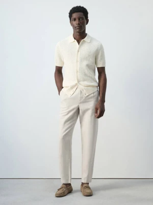 Spodnie z lnu i bawełny slim fit cropped kremowy / écru - Mężczyzna - - MANGO MAN