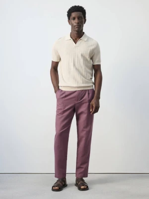 Spodnie z lnu i bawełny slim fit cropped śliwkowy - Mężczyzna - - MANGO MAN