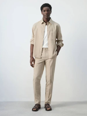 Spodnie z lnu i bawełny slim fit w paski beżowy - Mężczyzna - - MANGO MAN