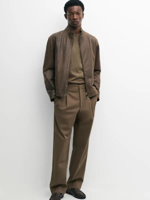 Spodnie Z Mieszanki Bawełny Z Zaszewkami - Camel Średni - Massimo Dutti - Male