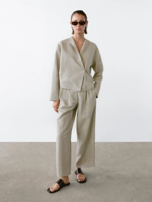 Spodnie Z Mieszanki Lnu W Kratkę - Beżowy - - Massimo Dutti - Kobieta
