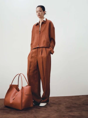 Spodnie z mieszanki lnu z zaszewkami rudy - Kobieta - - MANGO