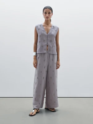 Spodnie Z Mieszanki Lnu Ze Zdobieniami - Jasny Malwowy - - Massimo Dutti - Kobieta