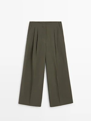 Spodnie Z Szerokimi Nogawkami I Zakładkami - Khaki - - Massimo Dutti - Kobieta