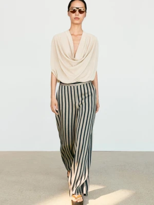 Spodnie Z Szerokimi Nogawkami W Paski Z Domieszką Lnu - Piaskowy - Massimo Dutti - Female