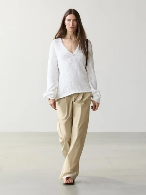 Spodnie Z Szerokimi Nogawkami Z Bawełny - Piaskowy - - Massimo Dutti - Kobieta