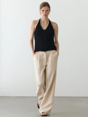 Spodnie Z Szerokimi Nogawkami Ze 100% Lnu Z Gumką - Piaskowy - - Massimo Dutti - Kobieta