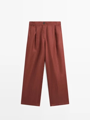 Spodnie Z Szerokimi Nogawkami Ze 100% Lnu Z Gumką - Pomarańczowy - - Massimo Dutti - Kobieta
