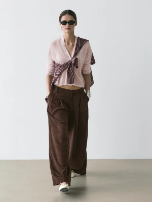 Spodnie Z Zakładkami I Szerokimi Nogawkami - Czekoladowy - - Massimo Dutti - Kobieta