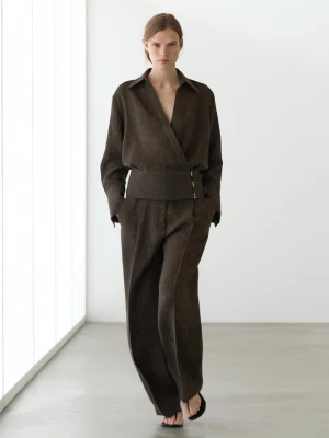 Spodnie Z Zakładkami, Total Look, Melanż Z Lnu - Szarobrązowy - - Massimo Dutti - Kobieta