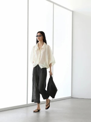 Spodnie Z Zakładkami, Total Look, Melanżowy Len - Szary - - Massimo Dutti - Kobieta