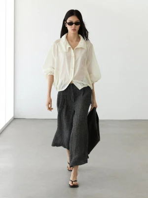 Spodnie Z Zakładkami, Total Look, Melanżowy Len - Szary - - Massimo Dutti - Kobieta