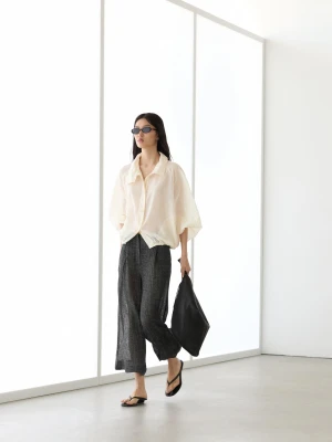 Spodnie Z Zakładkami, Total Look Z Melanżowego Lnu - Szary - - Massimo Dutti - Kobieta