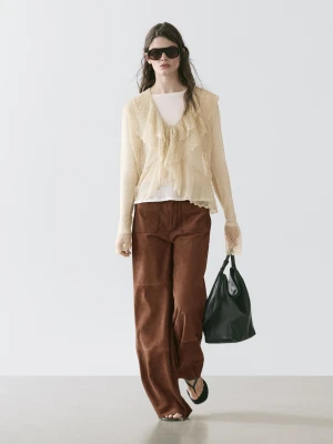 Spodnie Z Zamszowej Skóry Z Szerokimi Nogawkami I Kieszeniami - Brązowy - - Massimo Dutti - Kobieta