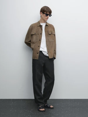 Spodnie Ze 100% Lnu W Kratkę - Granatowy - - Massimo Dutti - Mężczyzna