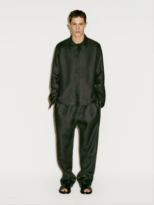 Spodnie Ze 100% Lnu Z Podwójnymi Zakładkami − Limited Edition - Ołowiany - - Massimo Dutti - Mężczyzna