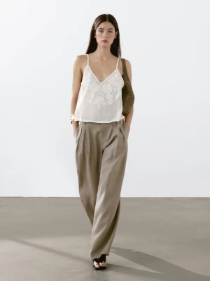 Spodnie Ze 100% Lnu Z Potrójnymi Zakładkami - Popielaty - - Massimo Dutti - Kobieta