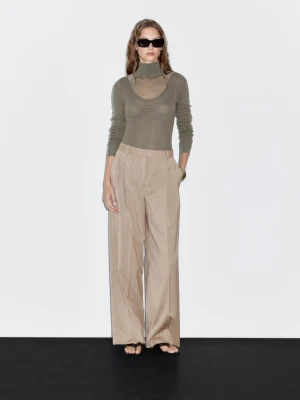 Spodnie Ze 100% Wełny Z Zakładkami - Beżowy - - Massimo Dutti - Kobieta