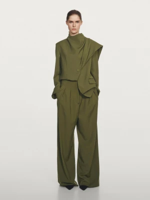 Spodnie Ze 100% Wełny Z Zakładkami − Studio - Zieleń Mchu - - Massimo Dutti - Kobieta