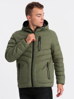 Sportowa kurtka męska pikowana - khaki V6 - Rozmiar: S Ombre Clothing