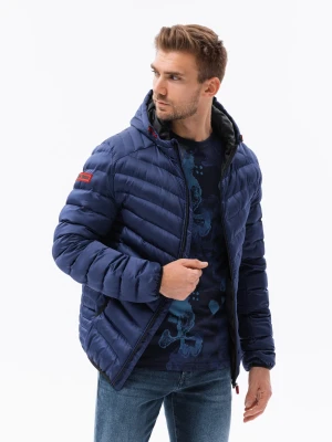 Sportowa pikowana męska kurtka o satynowym wykończeniu – ciemnoniebieska V11 Ombre Clothing