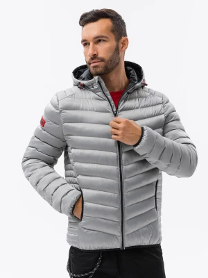 Sportowa pikowana męska kurtka o satynowym wykończeniu – szara V17 Ombre Clothing