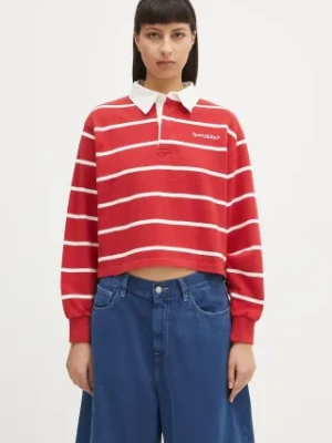 Sporty & Rich bluza bawełniana Serif Logo Cropped Rugby Polo damskie kolor czerwony wzorzysta ST008606300RE33