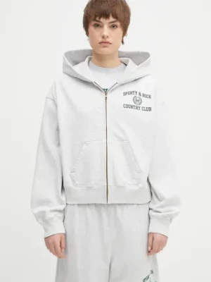 Sporty & Rich bluza bawełniana Varsity Crest Cropped Zip damska kolor szary z kapturem z nadrukiem ST068606218GY03