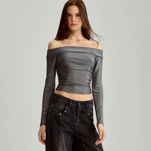 Srebrna bluzka typu open shoulder o skróconym kroju House