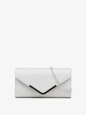 Srebrna Brokatowa Torebka Kopertówka z Łańcuszkiem i Metaliczną Aplikacją Pasliniela caely