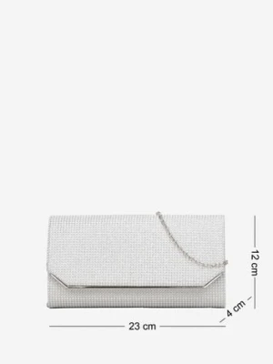 Srebrna Brokatowa Torebka Kopertówka z Łańcuszkiem i Ozdobną Klapą Eilikka