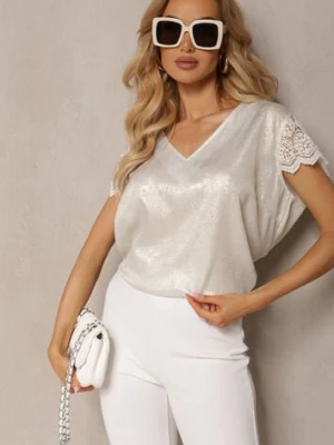 Srebrna Casualowa Bluzka z Koronką i Krótkim Rękawem Garista christy