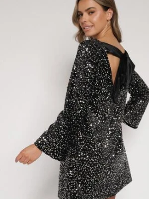 Srebrna Cekinowa Sukienka z Odkrytymi Plecami i Wiązaniem Diadina