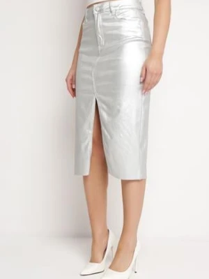 Srebrna Metaliczna Spódnica Ołówkowa Midi Serenetta hello miss