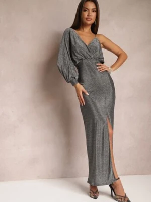 Srebrna Połyskująca Sukienka Maxi o Asymetrycznym Fasonie z Trójkątnym Dekoltem i Rozcięciem Imisnna by swan