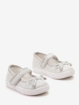 Srebrne Balerinki Zapinane na Rzep z Kokardką i Cyrkoniami Vazlira